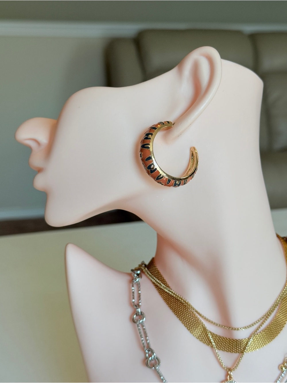 Gold Earrings With Brown and Black print